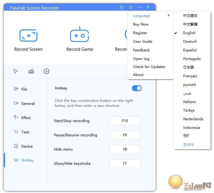 languages in PassFab Screen Recorder